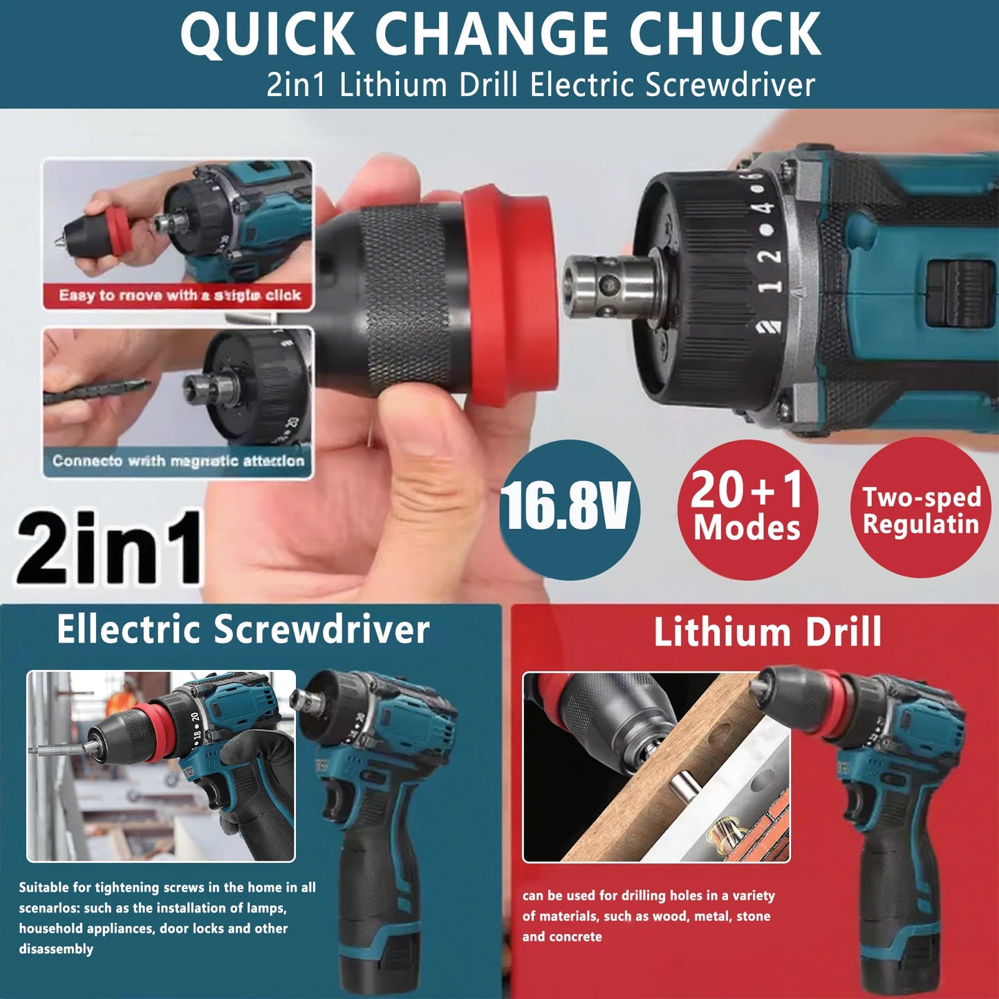 2in1 Brushless Electric Screwdriver Drill  55\45Nm Torque Cordless Speed Regulation Handheld Lithium Driver Dril with 2 Battery
