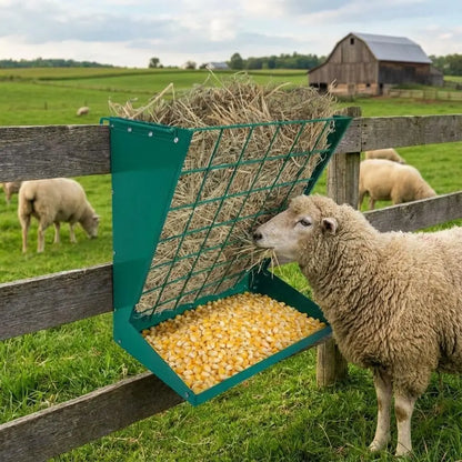 Large Hay Rack, 2 in 1 Large Hay Feeder with Hay and Grain/ Salt Feeder, 60cm Hanging Steel Feeder for Sheep, Goats & Horses Indoor & Outdoor Use