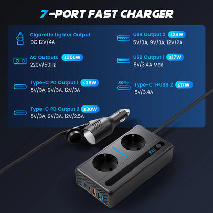 300W Car Inverter 12V to 220V European Standard Multi-Functional Digital Display With 2 AC Sockets, 2 USB Ports, 2 Type-C PD Ports