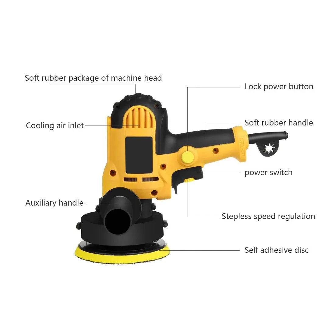 Concentric electric polishing machine in a 31-piece kit with grinding accessories and polishing pads for vehicle refurbishment