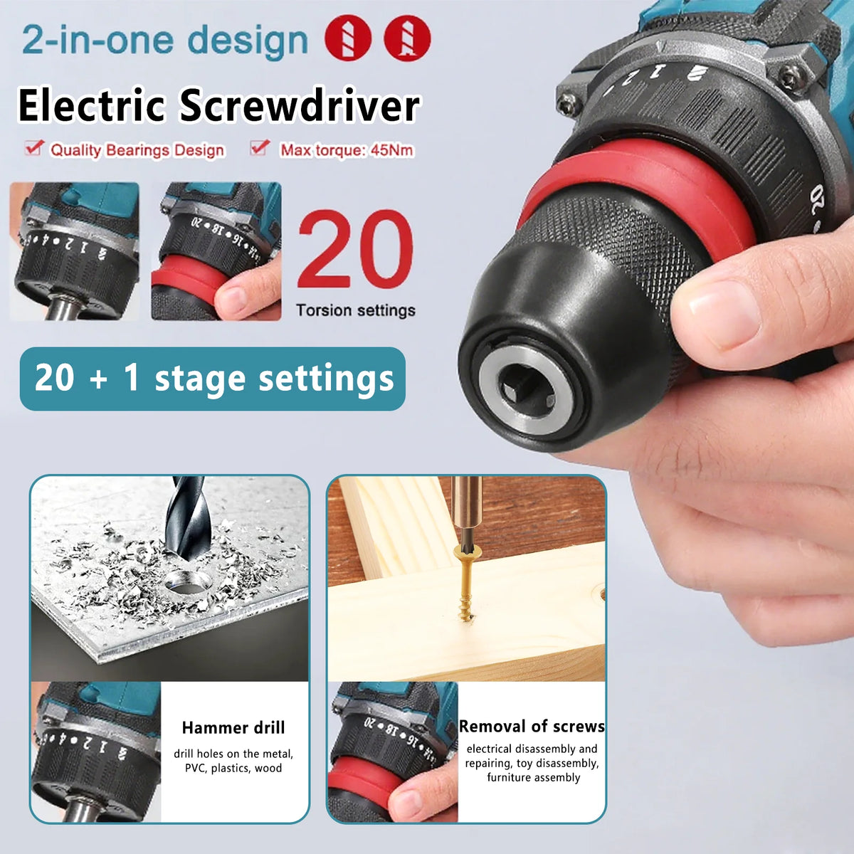 2in1 Brushless Electric Screwdriver Drill  55\45Nm Torque Cordless Speed Regulation Handheld Lithium Driver Dril with 2 Battery