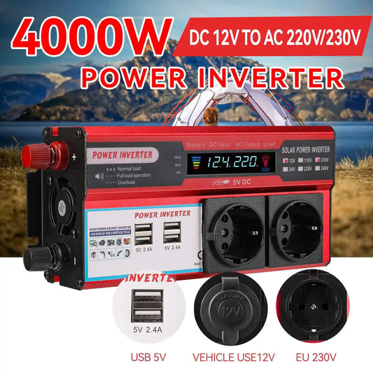4000W Car Inverter 12V to 220V Pure Sine Wave Power Converter With 4 USB Ports Voltage Display Vehicle Inverter for Outdoor Use
