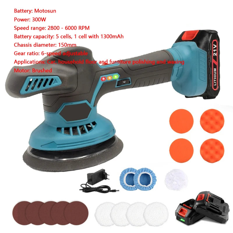 Cordless Buffer Polisher, 6 Variable Speeds, 2800-6000 RPM Car Buffer Polisher Kit With 2pcs 3.0Ah Battery For Car Polishing