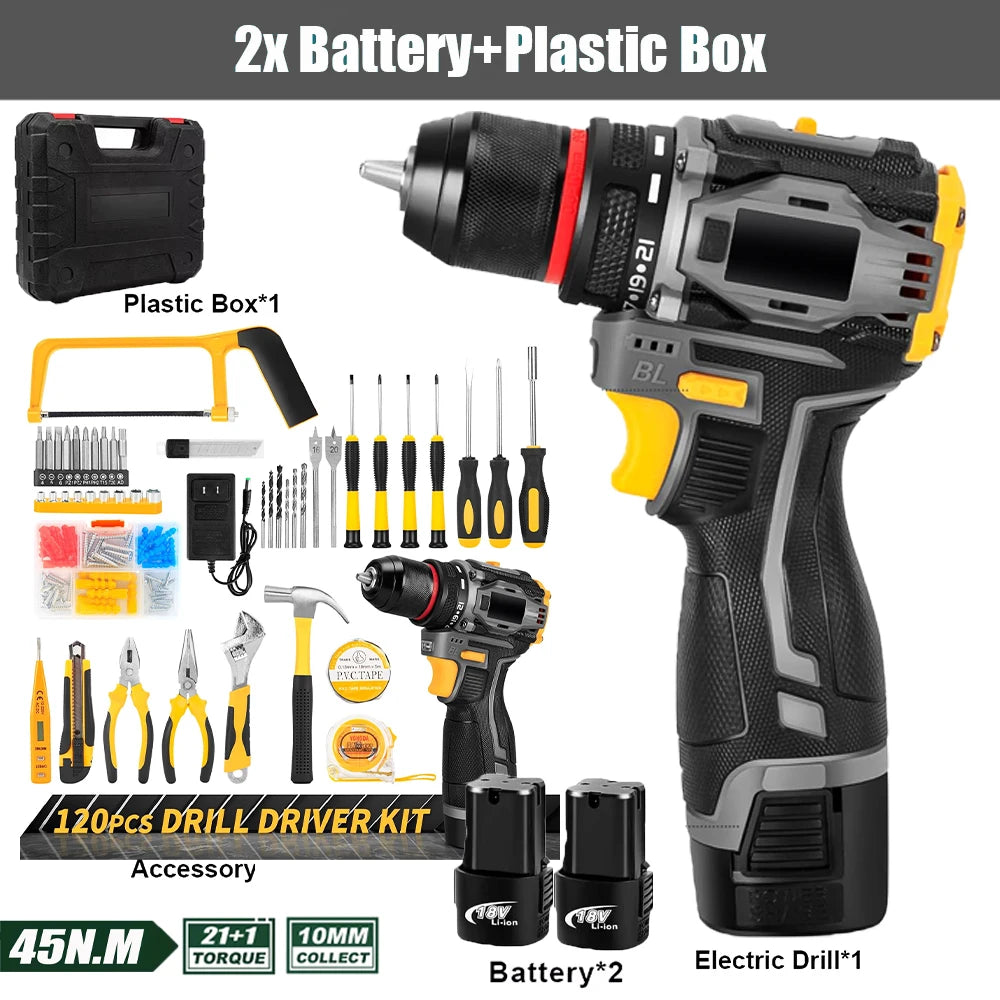 55N.M 10MM 23+1 Torque Brushless/Brushed (Yellow Kit) Electric Impact Drill Metal Ratchet Chuck Cordless Drill Electric Screwdriver DIY Power Tools