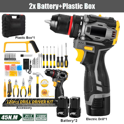 55N.M 10MM 23+1 Torque Brushless/Brushed (Yellow Kit) Electric Impact Drill Metal Ratchet Chuck Cordless Drill Electric Screwdriver DIY Power Tools