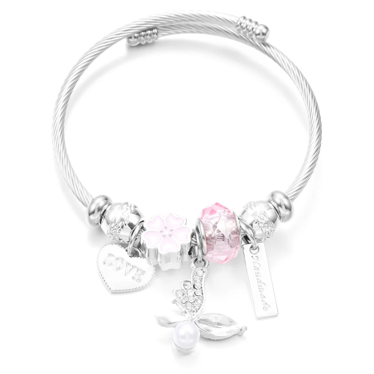 New Trendy Rhinestones Dragonfly Crystal Beaded Pendant Bracelet Stainless Steel 4 Colors Closure Bangles Women Bracelet Jewelry