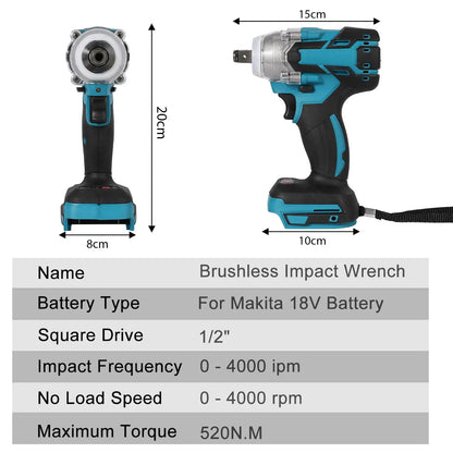 520N. m/1200N.M Cordless Electric Impact French Brushless Hand Electric Driver Electric Tool for Makita 18V Battery