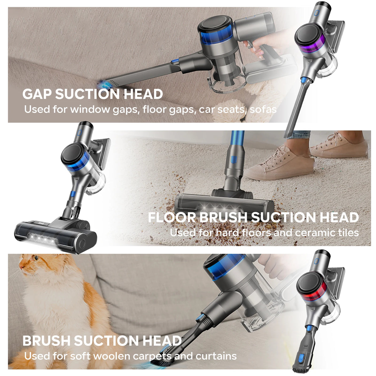 70KPa 400W cordless vacuum cleaner, 1 L dust cup, light display battery, for animal hair, Carpet