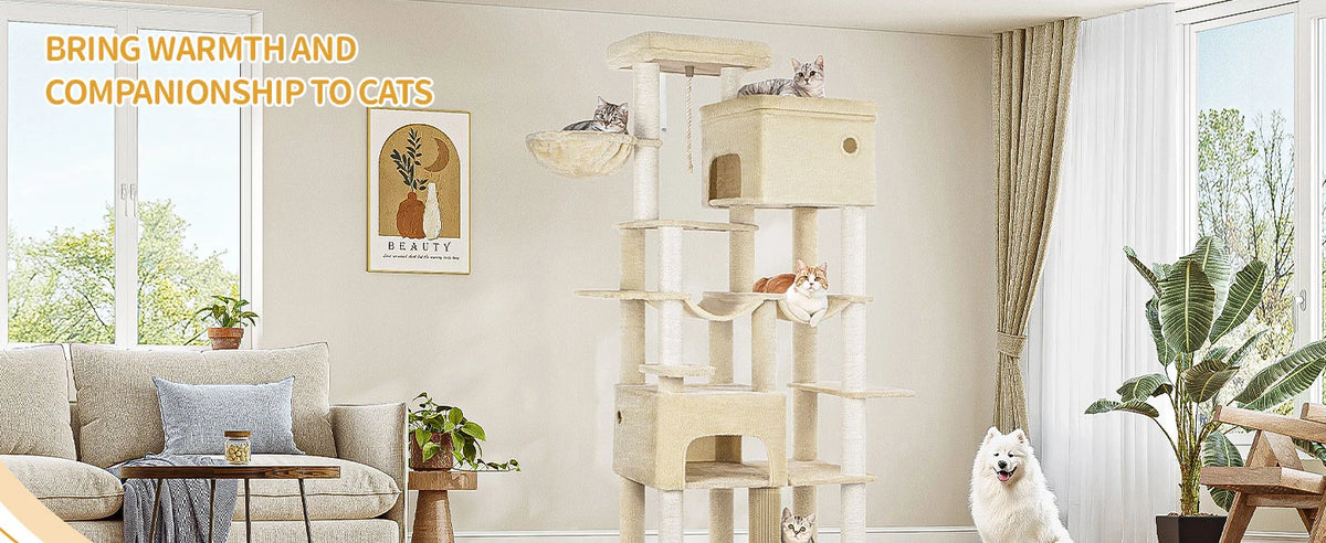 200cm XXL cat tree with 10 scratching posts, 2 caves, 2 hammocks, large platform,basket,for Maine Coons,large cats, beige