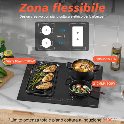 Karinear 4-Burner Induction Hob, 60cm Induction Hob Electric 3500W, Flex Zone, Plug-in Hob, 9 Power, Booster, Timer, 220V Plug