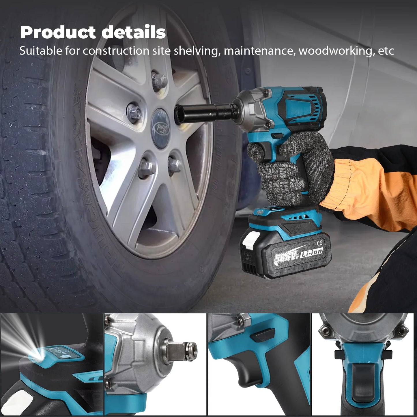 520N. m/1200N.M Cordless Electric Impact French Brushless Hand Electric Driver Electric Tool for Makita 18V Battery