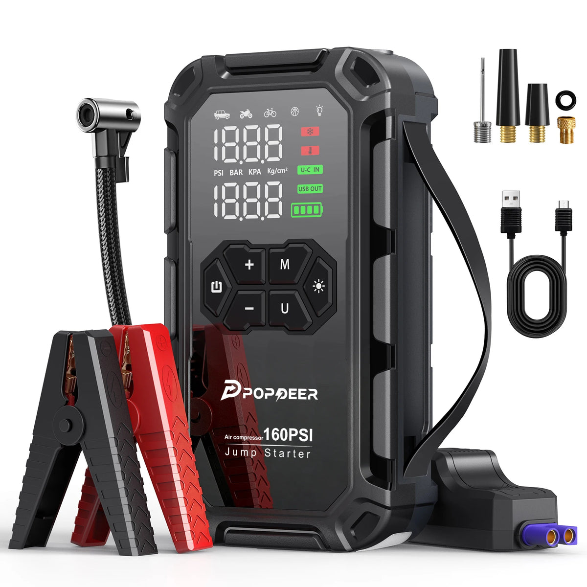 POPDEER PD-JA66 6000A Jump Starter with Air Compressor 160PSI, for All Gas & 8L Diesel Engines, LCD Display, USB Port, LED Light