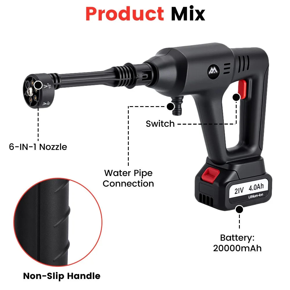 MUDIRO 4.0Ah 200Bar 3500W High Pressure Cordless Car Washer 6-in-1 Multi-Function Nozzle Car Cleaning Water Gun