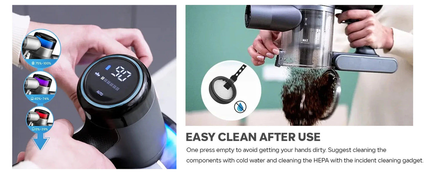 70KPa 400W cordless vacuum cleaner, 1 L dust cup, light display battery, for animal hair, Carpet