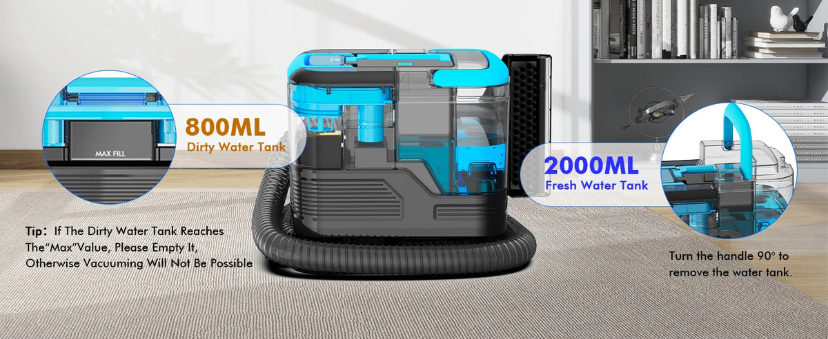 25KPA Washing Vacuum Cleaner, Portable Wired Rug Cleaner, Removable Stain Cleaner with Two Water Tanks, Wet and Dry Vacuum Cleaner