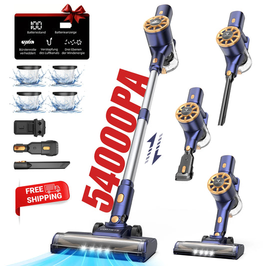 Cordless Vacuum Cleaner, 54KPA/400W Stick Vacuum with 4 HEPA Filters, Telescopic Tube, Wall Charging Mount, Self-Standing, Long Crevice Nozzle, Lightweight Vacuum for Pet Hair/Carpets/Hard Floors/Car