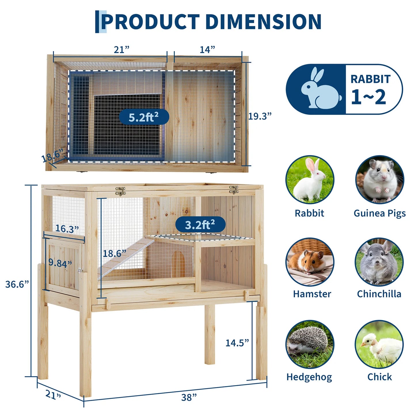 HiMISS Guinea Pig Cages Indoor, Wooden Guinea Pig Cages with Stand Rabbit Cage Hutch with Ramp and Hideout, Small Animals Cage Habitat with Not Leakage Pull Out Tray