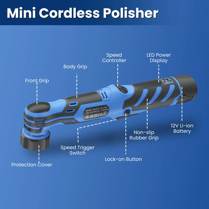 12V Cordless Mini Car Polisher RO/DA Dual Mode Polishing Machine, Comes with 1/1.5/2 Inch Pads Kit, Rechargeable Wireless Tool for Auto Detailing and Waxing