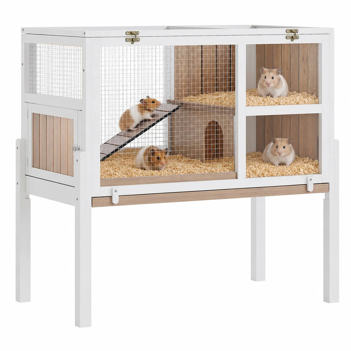 HiMISS Guinea Pig Cages Indoor, Wooden Guinea Pig Cages with Stand Rabbit Cage Hutch with Ramp and Hideout, Small Animals Cage Habitat with Not Leakage Pull Out Tray