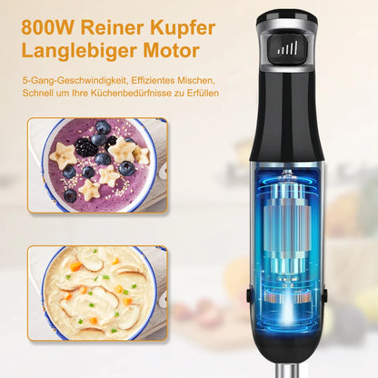 6 in 1 Handheld hand Immersion Blender - Stainless Steel Stick Blender with 5 Speed, Chopper, Whisk And Milk Frother