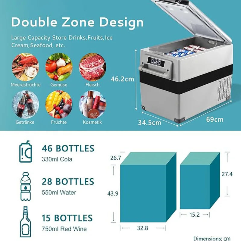 Car cooling box with compressor, 18/20/30.6/35/45/49.4L, with app, portable refrigerator 12V 24V 230V, camping refrigerator down to -20°C for cars and trucks