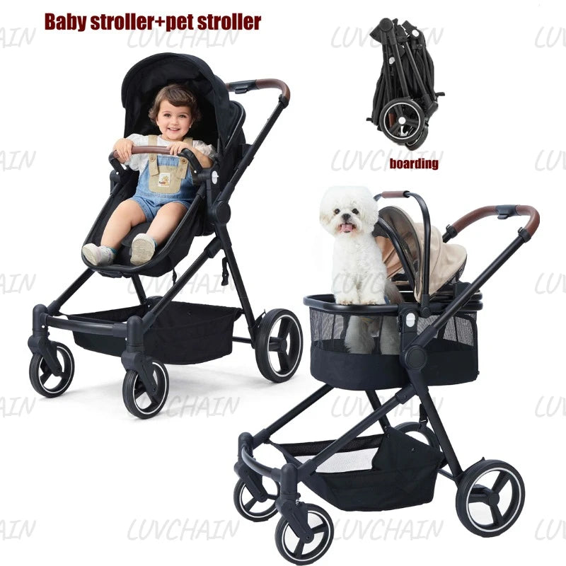 EU stock of pet strollers Double-seat stroller can carry both baby and pet Dual-mode seat, stroller with pet carrier