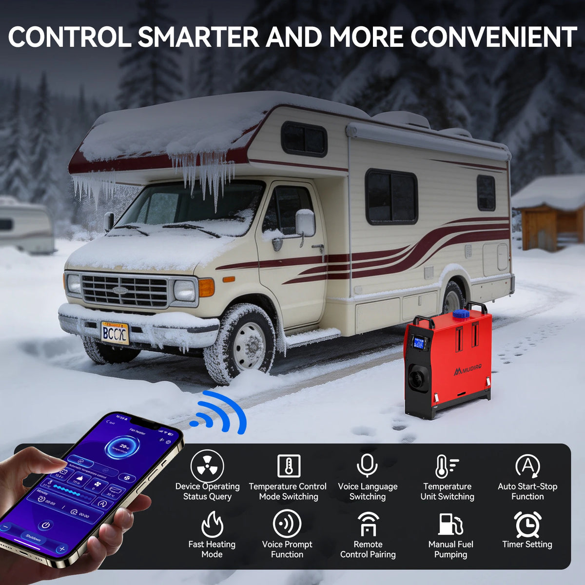 2026 Upgrade Mudiro 8KW Diesel Air Heater Auto High Altitude Mode&Smart LCD Panel Bluetooth APP + Remote Control Dual Wireless Auto Start‑Stop 4‑Language Voice Broadcast 1.5m Extension Cord 12V/24V/240V Adapter Ideal for