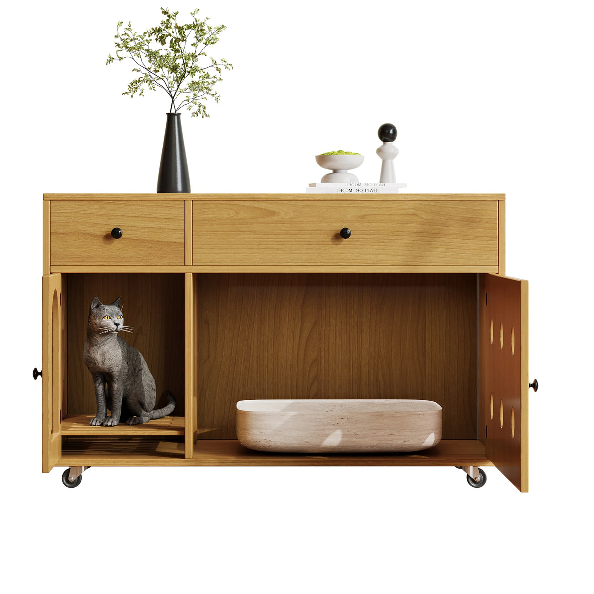Wooden cat litter box cabinet/cat bed with drawers and wheels, multi-functional cat house furniture/portable cat toilet/storage cabinet, effectively controls odors, suitable for indoor cat house decoration.