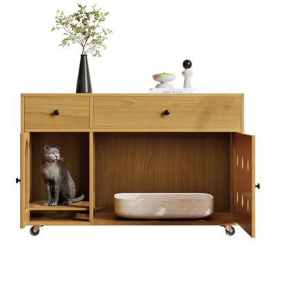 Wooden cat litter box cabinet/cat bed with drawers and wheels, multi-functional cat house furniture/portable cat toilet/storage cabinet, effectively controls odors, suitable for indoor cat house decoration.