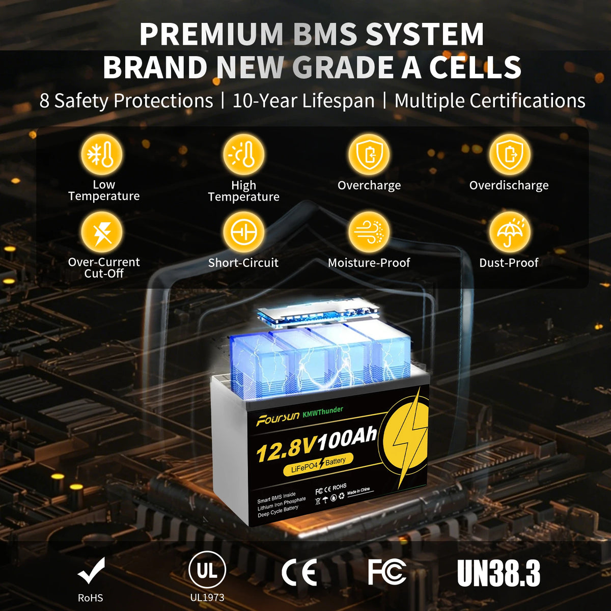 Foursun 12V 100Ah/200Ah/300Ah LiFePO4 Battery with Low-Temp BMS Protection, 4500+ Cycles for Motorhome/Solar/Camping