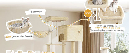 200cm XXL cat tree with 10 scratching posts, 2 caves, 2 hammocks, large platform,basket,for Maine Coons,large cats, beige