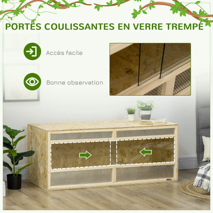 OSB Wooden Reptile Terrarium with Sliding Glass Doors and Ventilated Mesh Panels, Spacious Indoor Habitat with Clear View, Breathable Enclosure for Chameleons, Lizards, Snakes and Other Amphibians, Ideal for Climbing, Hiding