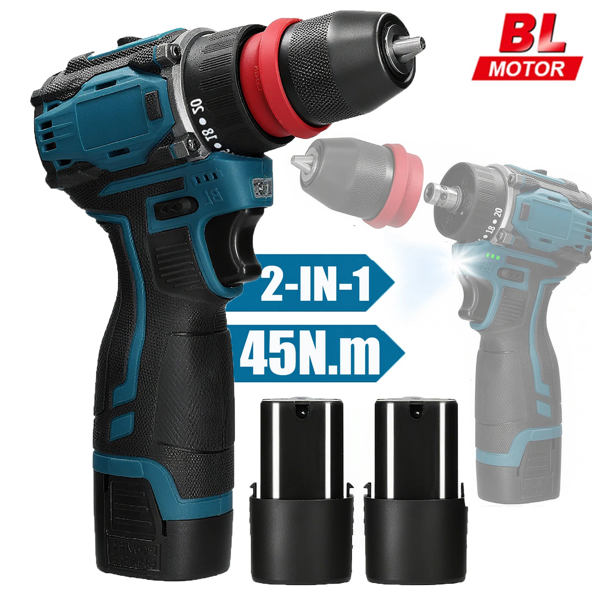 2in1 Brushless Electric Screwdriver Drill  55\45Nm Torque Cordless Speed Regulation Handheld Lithium Driver Dril with 2 Battery