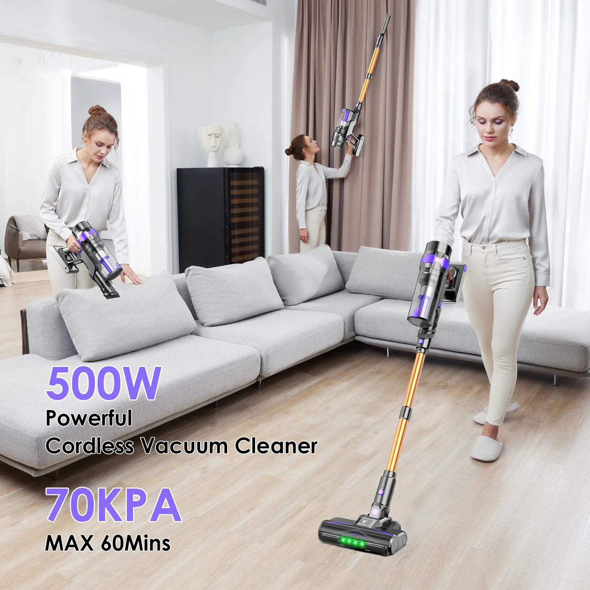 70 KPa/60-minute Cordless Vacuum Cleaner, 6-in-1 Handheld Vacuum Cleaner With LED Display, Upright Stick Vacuum Cleaner, Green Dust Detection Technology, Portable Vacuum Cleaner Suitable For Floors/Hard Surfaces