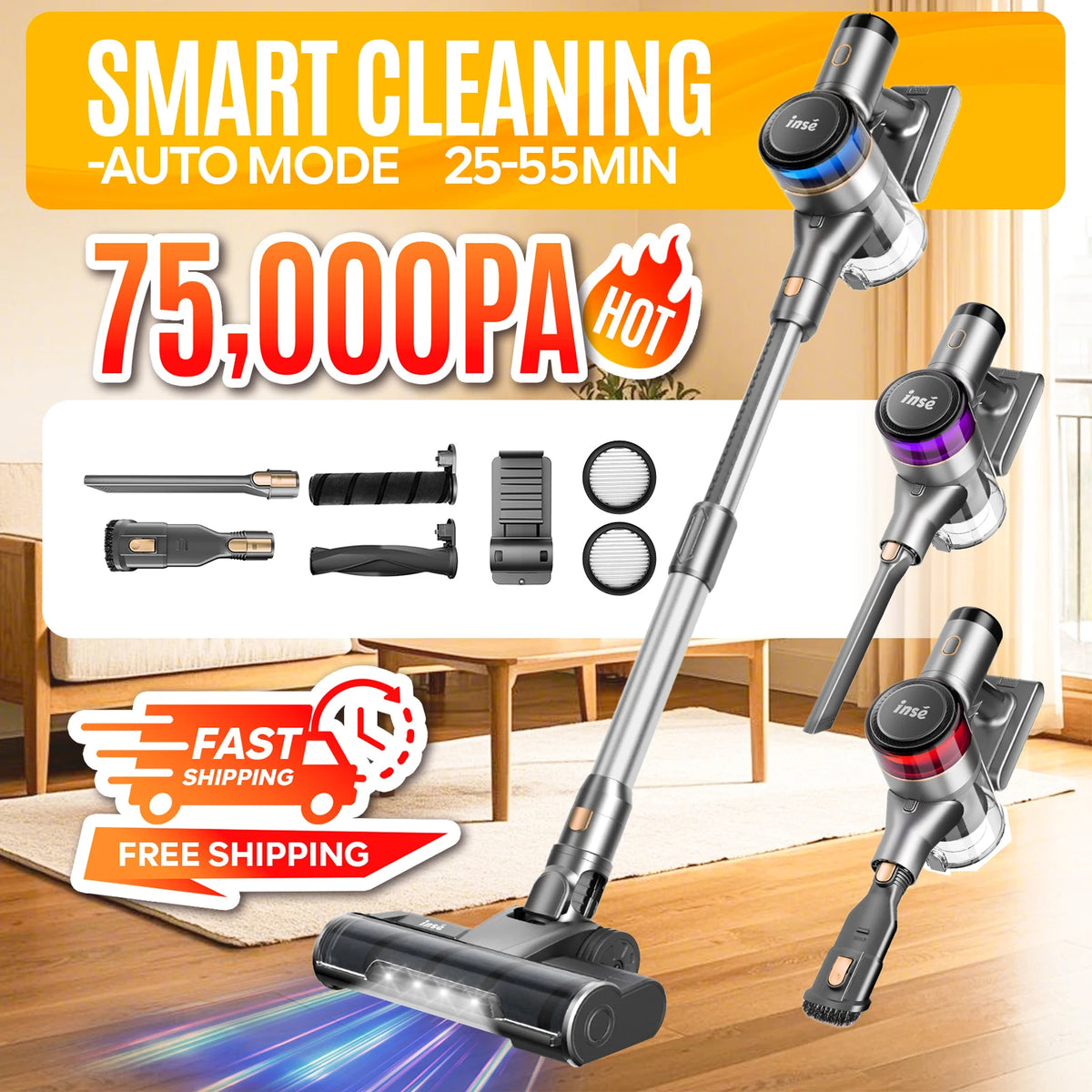 Inse S9 cordless vacuum cleaner, 75KPa, 1L tank, LED display, ideal animal hair and Carpet