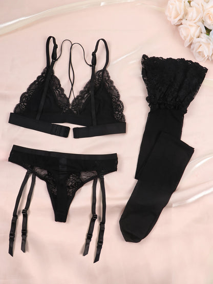 Varsbaby Lace Bra Sets for Women Non-padded Bra Panty Garter Stockings Summer Underwear Lingerie Sexy
