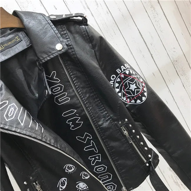 2024 New Autumn Women Winter Faux Soft Leather Jackets Coats Lady Black PU Rivet Zipper Epaulet 3D print Motorcycle Streetwear