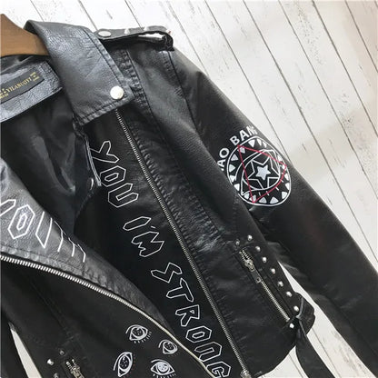 2024 New Autumn Women Winter Faux Soft Leather Jackets Coats Lady Black PU Rivet Zipper Epaulet 3D print Motorcycle Streetwear