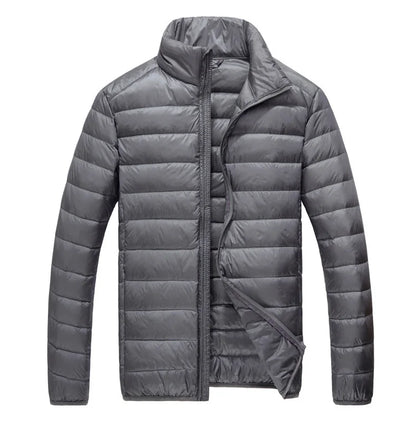 Schinteon Men Ultralight White Duck Down Jacket Thin Stand Collar Solid Color Simple Autumn Outwear
