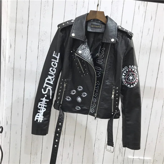 2024 New Autumn Women Winter Faux Soft Leather Jackets Coats Lady Black PU Rivet Zipper Epaulet 3D print Motorcycle Streetwear
