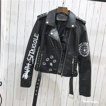 2024 New Autumn Women Winter Faux Soft Leather Jackets Coats Lady Black PU Rivet Zipper Epaulet 3D print Motorcycle Streetwear