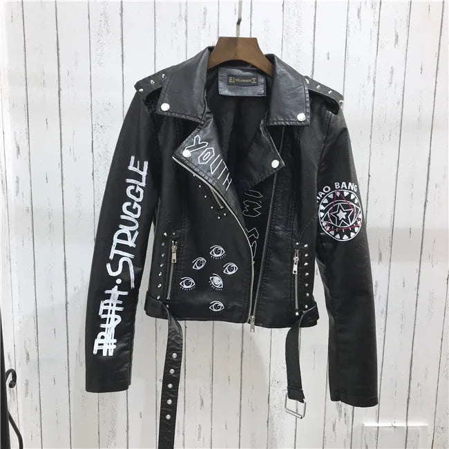 2024 New Autumn Women Winter Faux Soft Leather Jackets Coats Lady Black PU Rivet Zipper Epaulet 3D print Motorcycle Streetwear