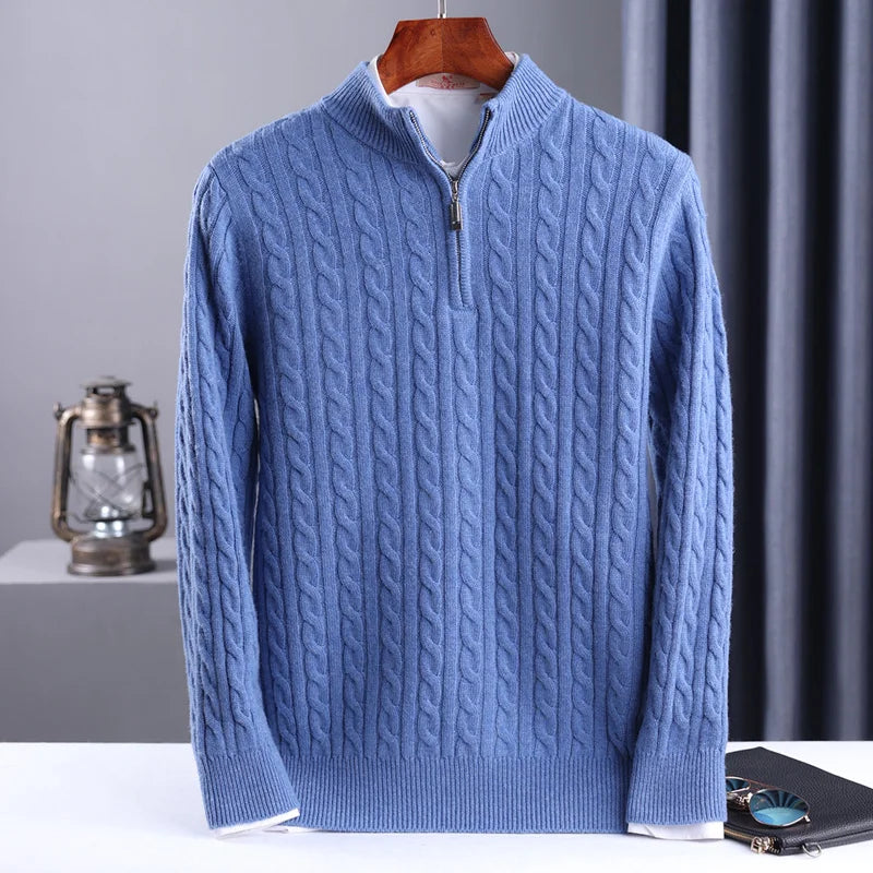 Autumn Winter 100% Wool Men's Slim Pullover Zipper Half High Neck Cashmere Knit Sweater Thick  Business Casual Large-Size Top