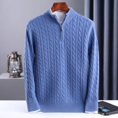Autumn Winter 100% Wool Men's Slim Pullover Zipper Half High Neck Cashmere Knit Sweater Thick  Business Casual Large-Size Top