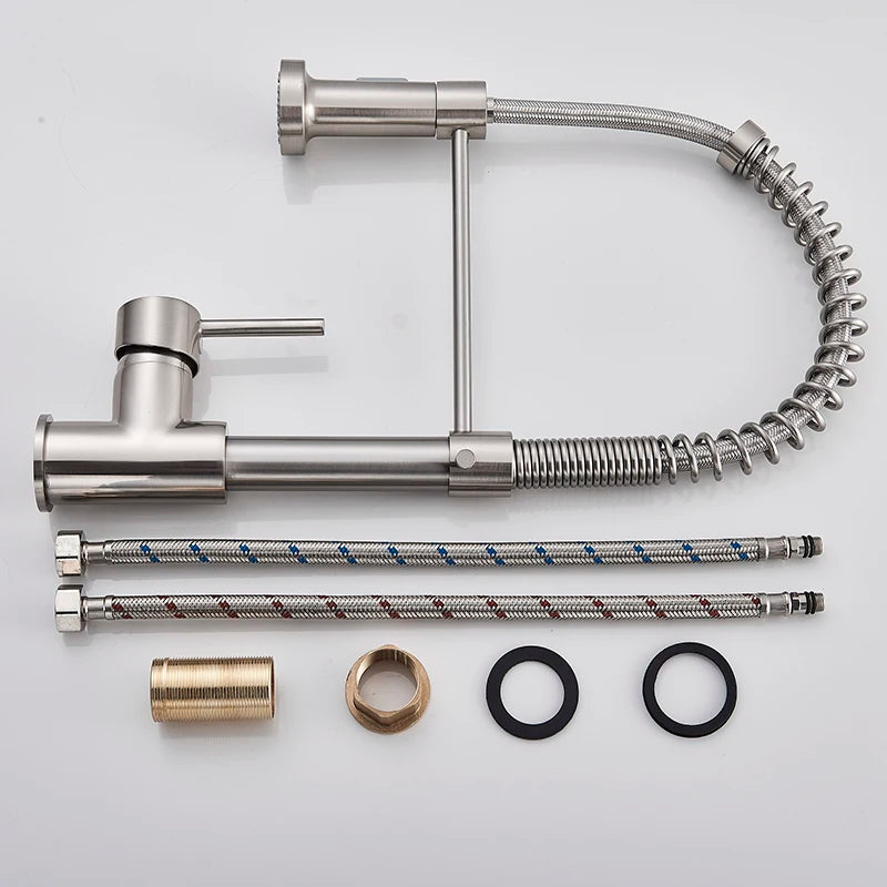 Spring Brushed Kitchen Sink Faucet Pull Down Sprayer Nozzle Single Handle Faucets Mixer Hot Cold Stainless Steel Modern