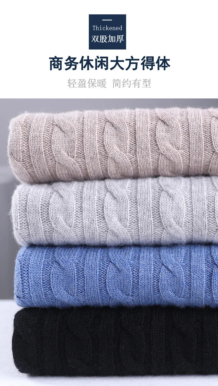 Autumn Winter 100% Wool Men's Slim Pullover Zipper Half High Neck Cashmere Knit Sweater Thick  Business Casual Large-Size Top