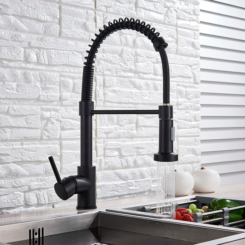 Spring Brushed Kitchen Sink Faucet Pull Down Sprayer Nozzle Single Handle Faucets Mixer Hot Cold Stainless Steel Modern