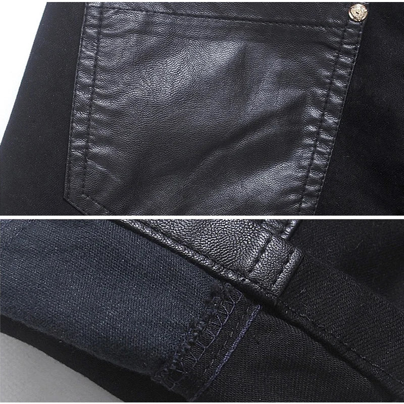 Fashion Designer Men's Black Zipper Motorcycle Leather Pants Korean Slim Skinny splice Leather Pants Fashion Men's Denim Pants