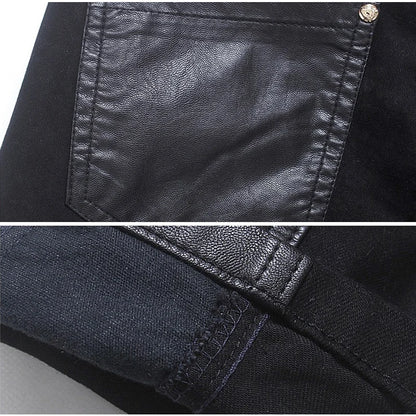 Fashion Designer Men's Black Zipper Motorcycle Leather Pants Korean Slim Skinny splice Leather Pants Fashion Men's Denim Pants