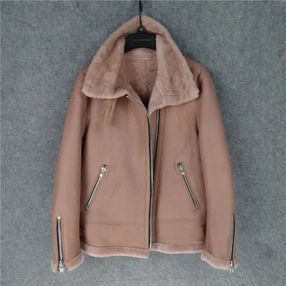 CC SHop Best.Guarantee Genuine leather jacket with fur.Winter warm women 100% shearling coat.Street sheepskin with wool jackets